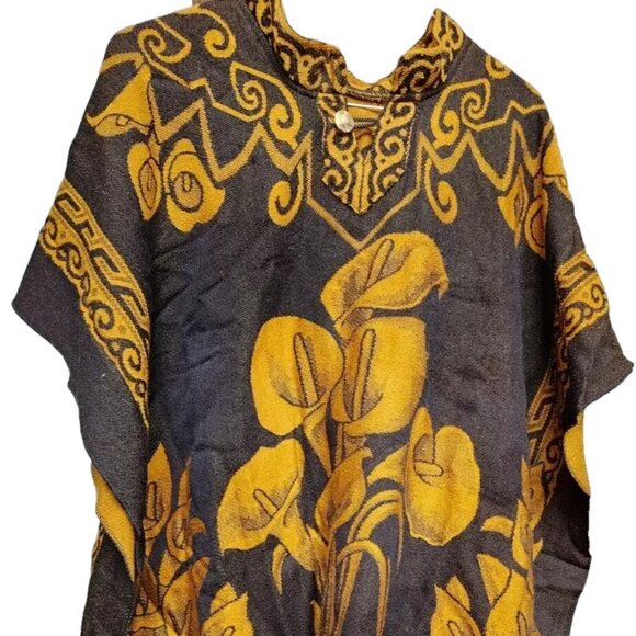 Fringed Poncho Cape Serape Boho Black Floral Southern Chic Size 2X Mexico - Picture 5 of 7